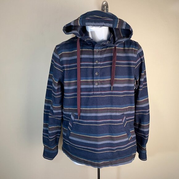 Marmot Men's blue, burgundy & gold striped Hooded Flannel shirt S jacket EUC - Picture 2 of 6